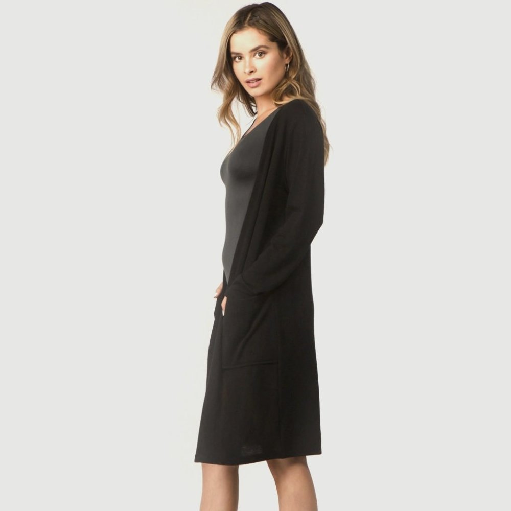 Black Lightweight Open Front Cardigan w/ pockets - Picture 2 of 6